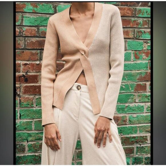 NAADAM Ribbed Twist Front‎ Sweater Sz XS Oatmeal Tan Two Tone Cotton Cashmere - Picture 1 of 12